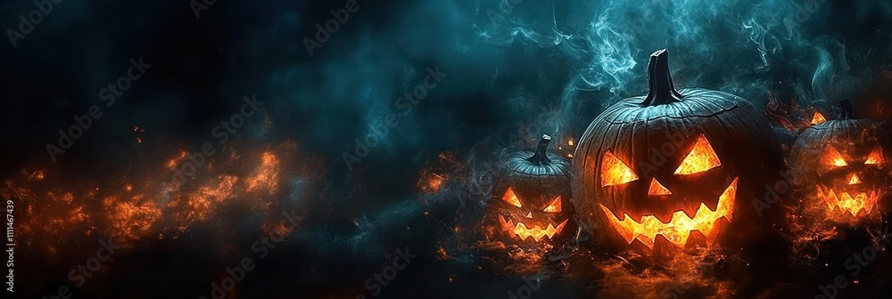 Spooky Halloween Wallpaper with Glowing Jack-O'-Lanterns in Dark Misty Landscape with Bats and Full Moon Spooky Halloween Wallpaper with Glowing Jack-O'-Lanterns in Dark Misty Landscape with Bats and Full Moon