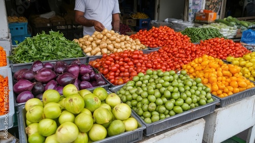 Bustling street market featuring an abundance of colorful and fresh fruits vegetables and other local culinary offerings for sale by energetic vendors