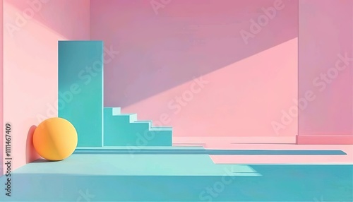 Red carpeted stairs in a business office with a 3D growth chart and arrows symbolizing success and market progress photo