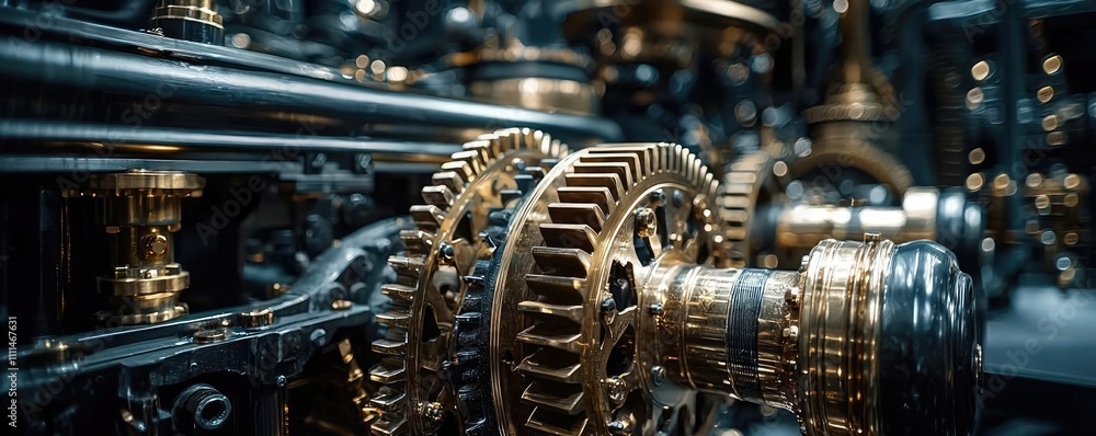 Golden gears and mechanical components in a dark setting, showcasing intricate design. Golden gears and mechanical components in a dark setting, showcasing intricate design.