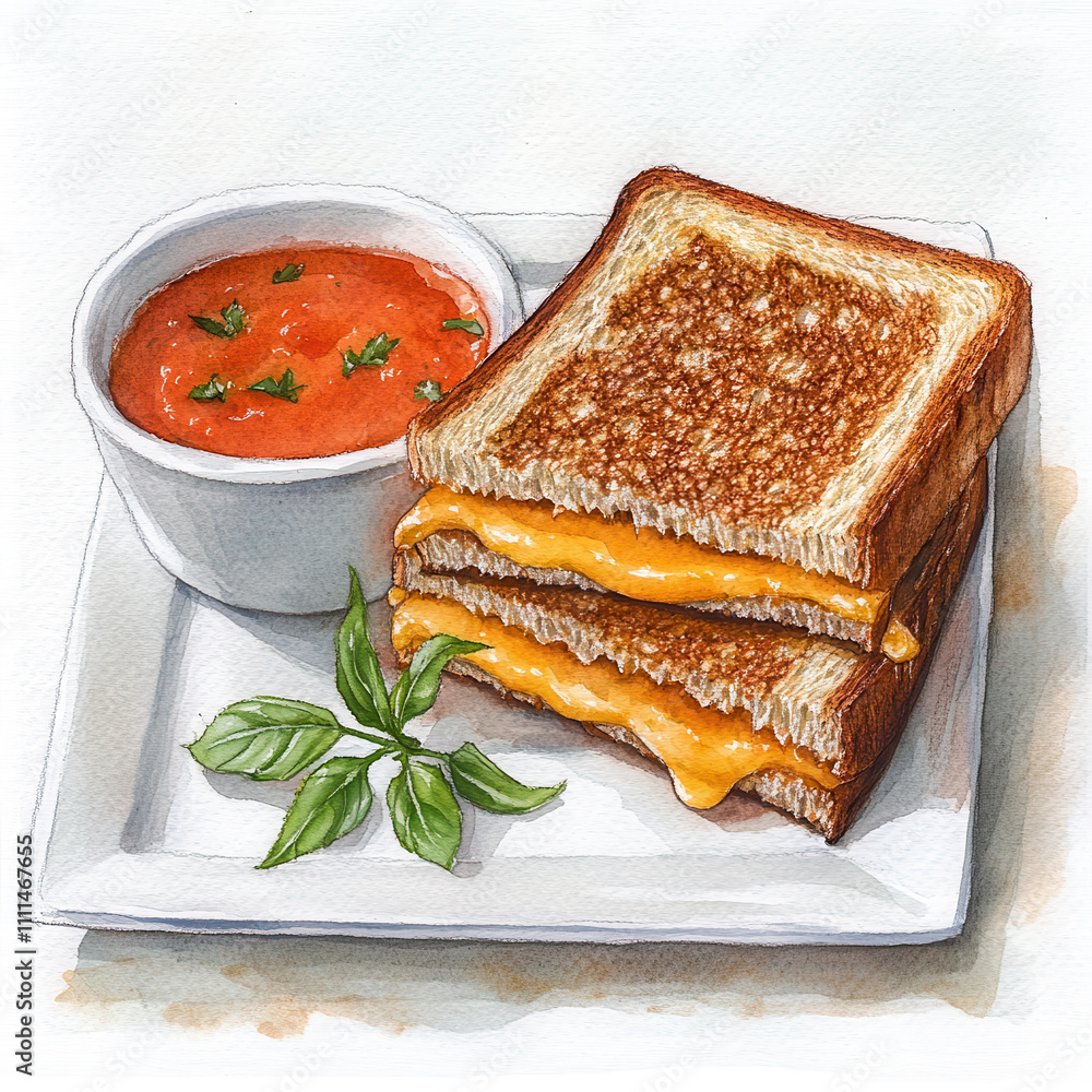 Delicious grilled cheese sandwich with tomato soup and basil garnish