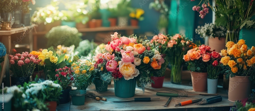 Colorful flowers in pots on a table in a flower shop. Colorful flowers in pots on a table in a flower shop.