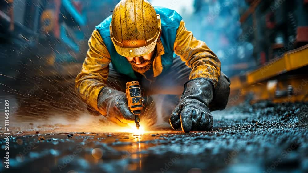 Masked welders work hard Masked welders work hard