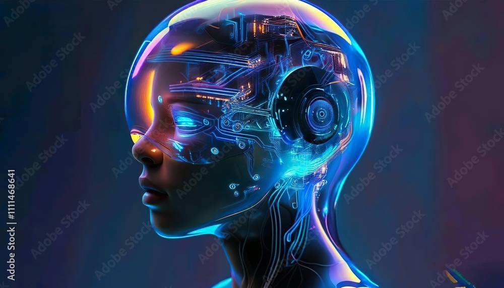 Glowing human head with brain gears surrounded by light smoke and energy in a fractal-inspired design Glowing human head with brain gears surrounded by light smoke and energy in a fractal-inspired design