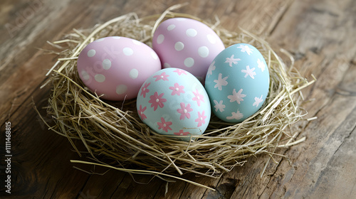 Close-up of beautifully painted Easter eggs in pastel colors, placed in a nest of straw on a rustic wooden table, soft natural lighting, vibrant and joyful mood