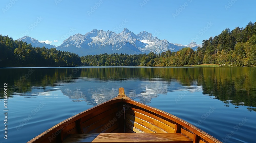Wooden Boat on Calm Lake Mountain View Wooden Boat on Calm Lake Mountain View