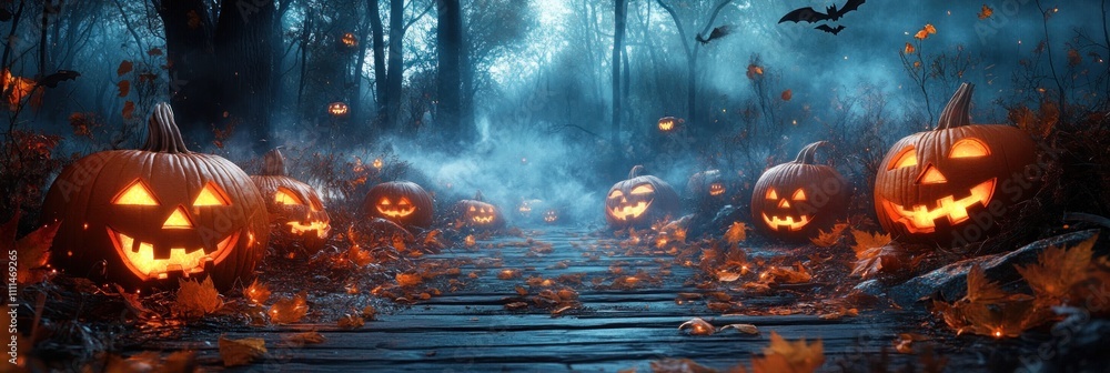 Spooky Halloween Scene with Glowing Jack-O'-Lanterns Dark Forest Misty Night Landscape Spooky Halloween Scene with Glowing Jack-O'-Lanterns Dark Forest Misty Night Landscape