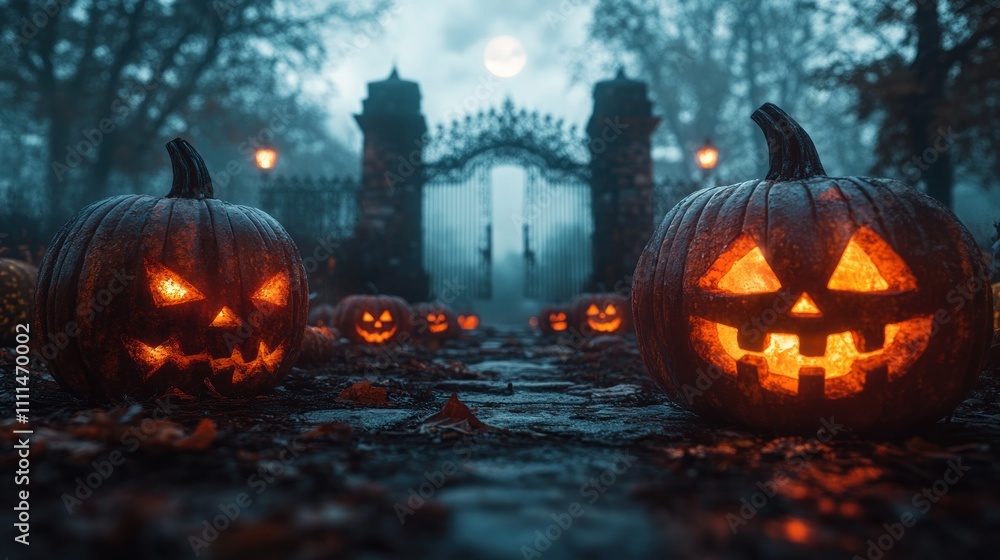 Spooky Halloween Landscape with Glowing Jack O Lanterns Under Full Moon ...