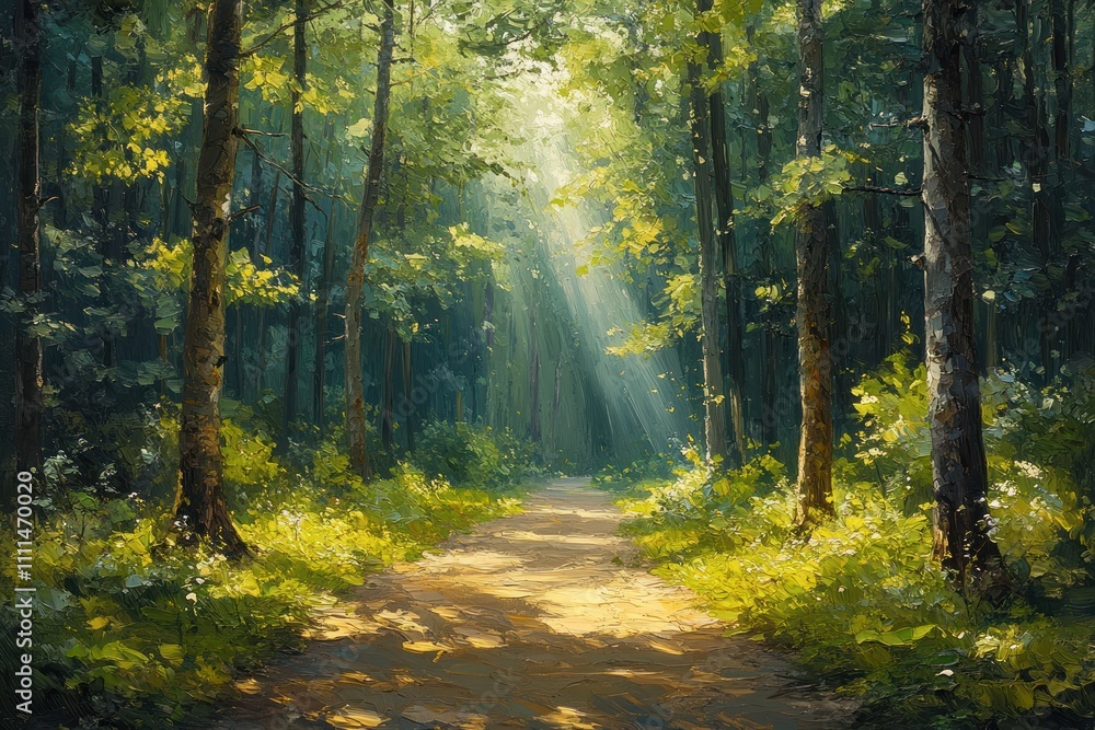 Fototapeta premium Woman Walking Dog on Serene Forest Path Surrounded by Nature