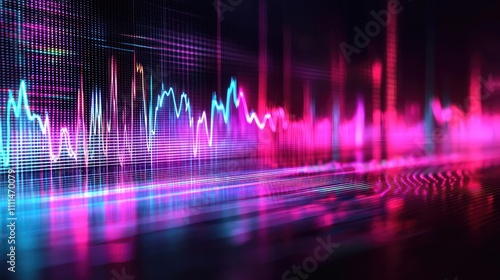 Vibrant audio waveforms in pink and blue on a dark background.