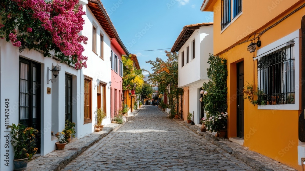 Fototapeta premium Charming shopping streets lined with boutique stores street cafes and traditional architecture in a quaint and vibrant European town Inviting atmosphere for strolling browsing
