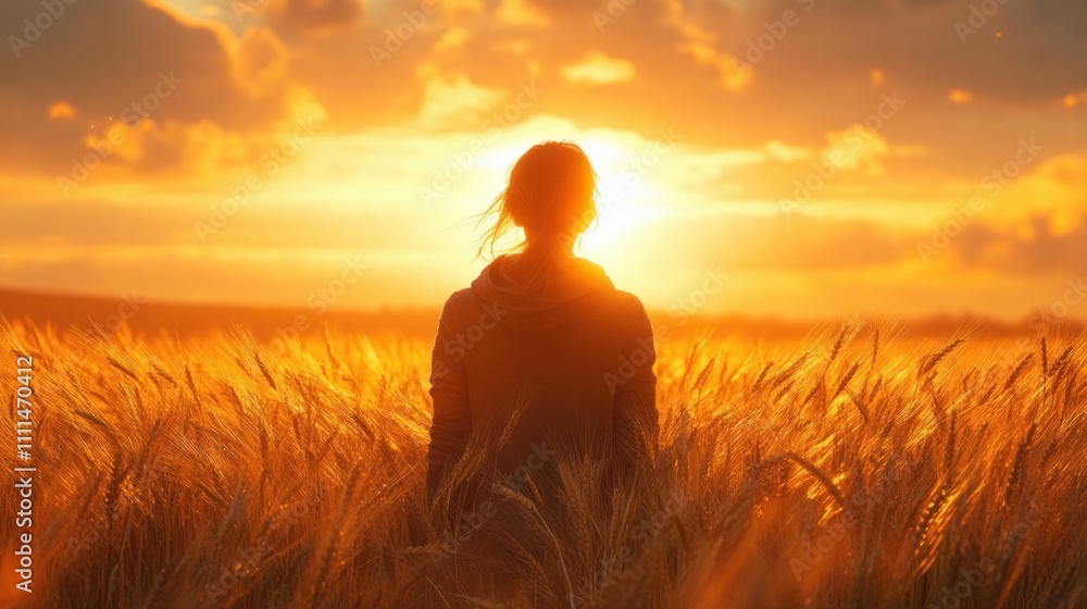 Serene Woman Gazing at Sunset in Wheat Field Embracing Happiness Calmness and Freedom Serene Woman Gazing at Sunset in Wheat Field Embracing Happiness Calmness and Freedom