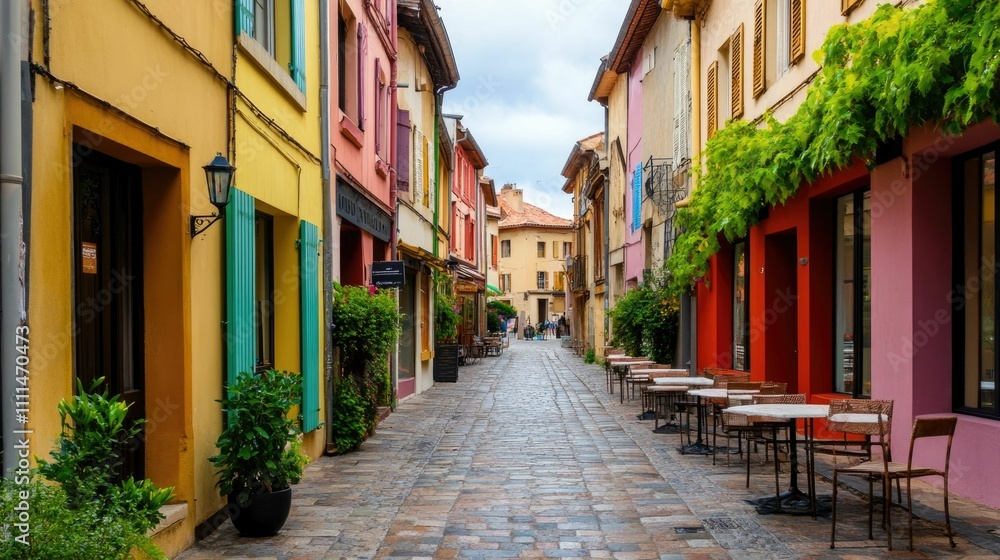 Fototapeta premium Charming European Shopping Street With Colorful Boutiques Street Cafes and Cozy Atmosphere Pedestrian Alley Lined With Quaint Architecture Facades and Local Shops in a Picturesque Town
