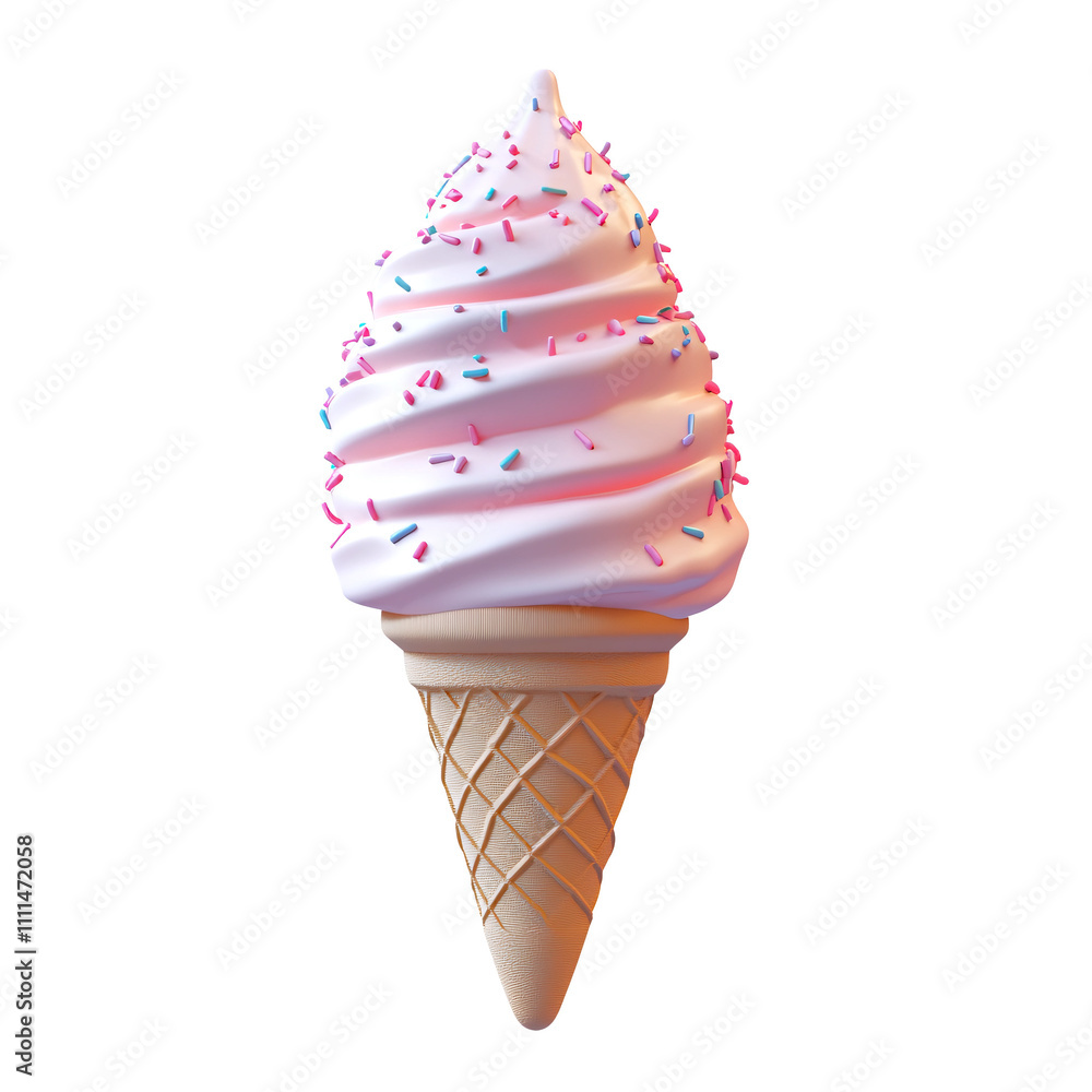 A delicious ice cream cone topped with pink swirled soft serve and colorful sprinkles. A delicious ice cream cone topped with pink swirled soft serve and colorful sprinkles.