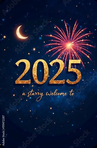 Description of a New Year Greeting Card for 2025 with a Starry Night and Fireworks Theme:The card features a midnight-blue background that fades into a deep indigo, mimicking the vast expanse of a s