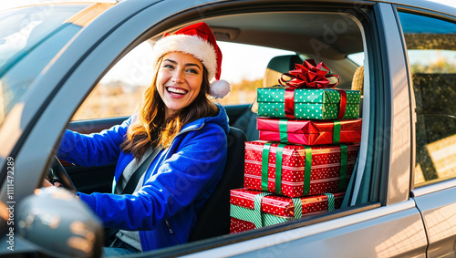 Happy woman in her car with the Christmas gift box she bought photo