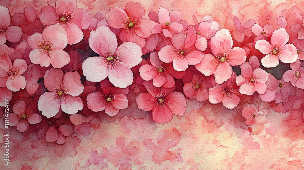 Watercolor illustration of pink cherry blossoms in full bloom Watercolor illustration of pink cherry blossoms in full bloom
