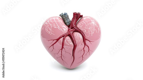 3D Render of Human Heart Anatomy with Blood Vessels and Pacemaker