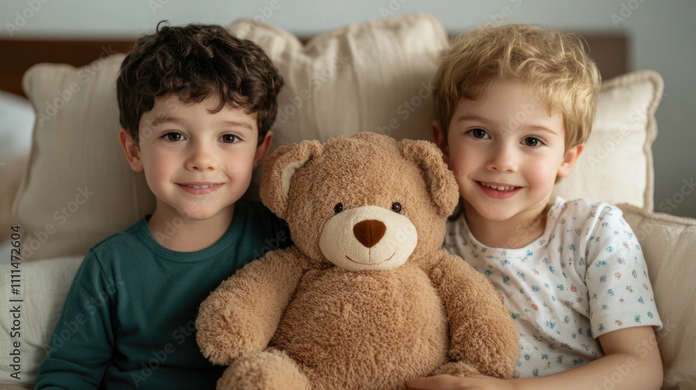 Playful siblings comforting and entertaining a sick child with their beloved teddy bear on the couch at home creating a heartwarming and uplifting family moment during recovery Playful siblings comforting and entertaining a sick child with their beloved teddy bear on the couch at home creating a heartwarming and uplifting family moment during recovery