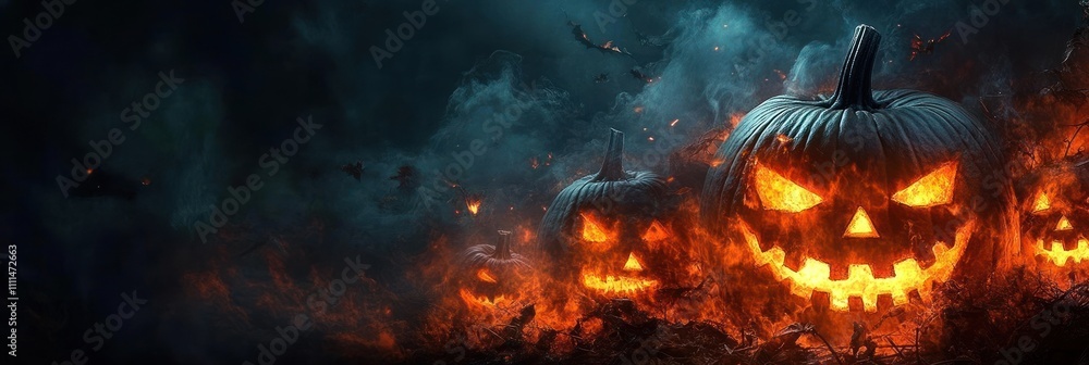 Spooky Halloween Scene with Glowing Jack-O'-Lanterns in Dark Misty Background and Gothic Art Style Spooky Halloween Scene with Glowing Jack-O'-Lanterns in Dark Misty Background and Gothic Art Style