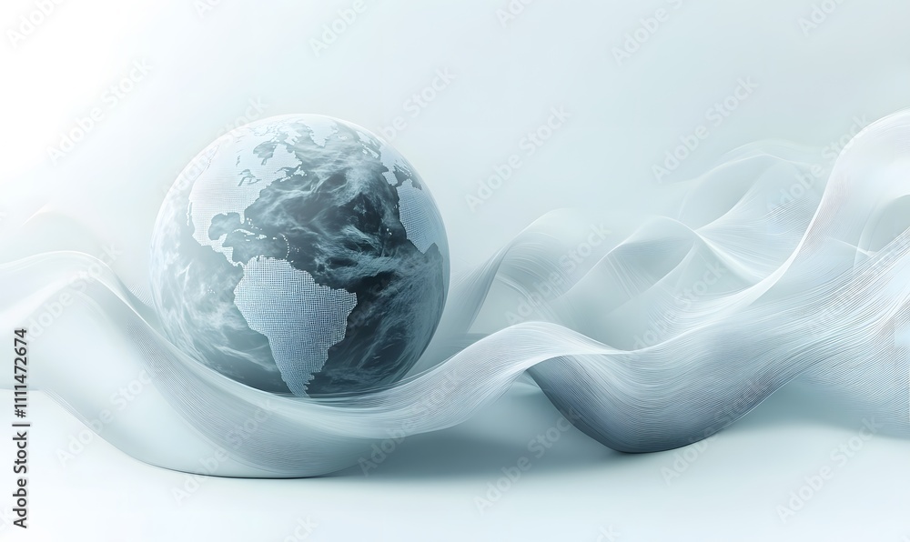 Obraz premium A globe on the background of abstract waves, a light blue color scheme, a white background, a blurred image of a world map in gray tones,
