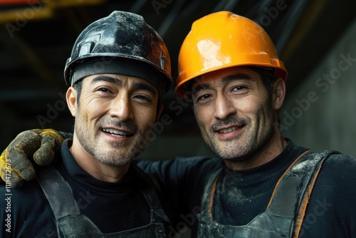 Construction Workers Smiling Together with Harnesses in a Dimly Lit Environment photo