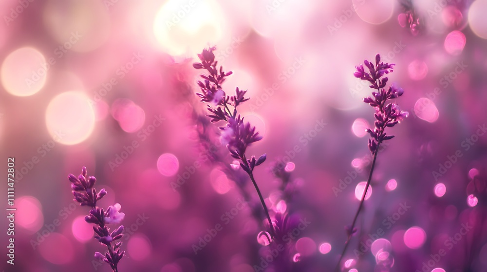 Lavender flowers in the field with bokeh lights, nature background - Generated AI Lavender flowers in the field with bokeh lights, nature background - Generated AI