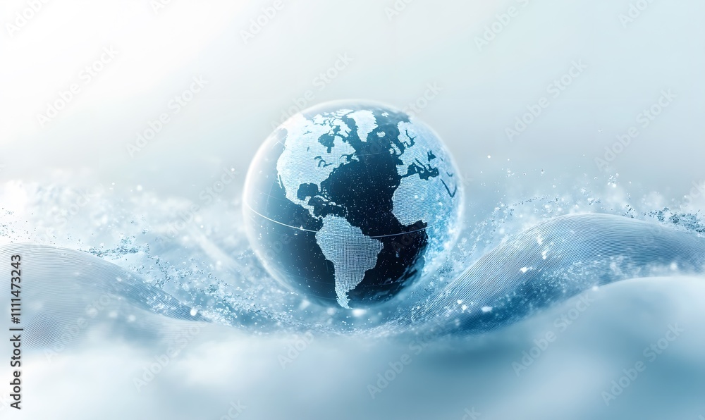 A globe on the background of abstract waves, a light blue color scheme, a white background, a blurred image of a world map in gray tones,
A globe on the background of abstract waves, a light blue color scheme, a white background, a blurred image of a world map in gray tones,