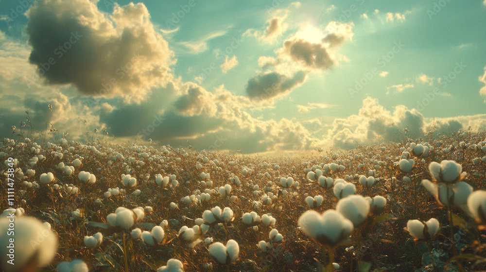 A vast field of cotton plants white fluffy blossoms under a partly cloudy A vast field of cotton plants white fluffy blossoms under a partly cloudy