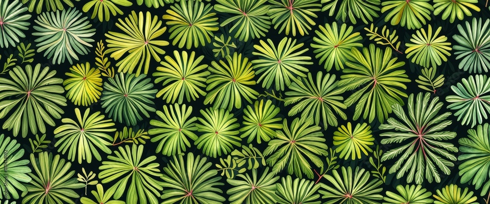 Lush green palm leaves pattern creating a tropical jungle atmosphere Lush green palm leaves pattern creating a tropical jungle atmosphere