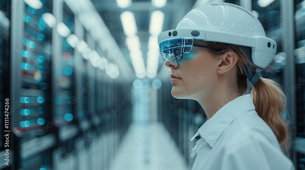 Data centers lock out hackers. Technician in data center with safety gear Data centers lock out hackers. Technician in data center with safety gear