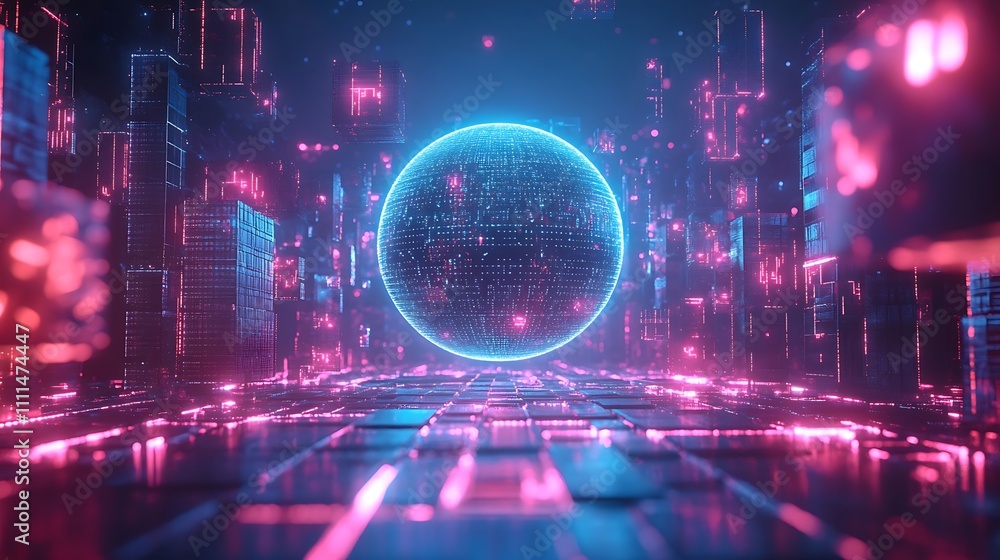 Fototapeta premium A 3D globe surrounded by floating interconnected cubes, bright digital connections representing a blockchain network, electric blue and neon pink lighting, high-tech aesthetic, ultra-realistic render,
