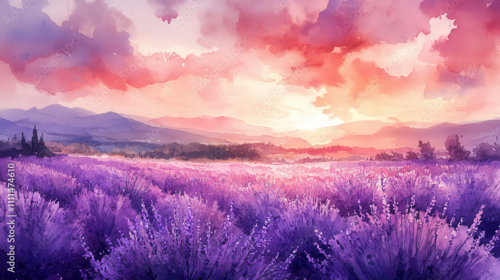 vibrant lavender field under colorful sunset sky, evoking tranquility vibrant lavender field under colorful sunset sky, evoking tranquility
