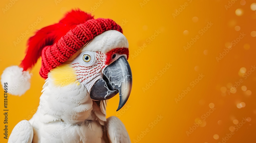 A cheerful white macaw parrot with a knitwear christmas cap against a vibrant studio backdrop A cheerful white macaw parrot with a knitwear christmas cap against a vibrant studio backdrop