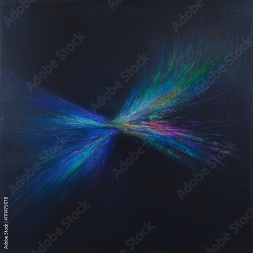 Abstract art painting with vibrant  multicolored streaks radiating from the center on a dark background.