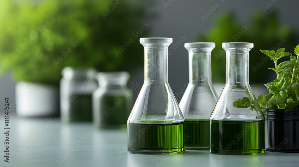 Green Herbal Extract in Glass Erlenmeyer Flasks with Plants in Background Green Herbal Extract in Glass Erlenmeyer Flasks with Plants in Background
