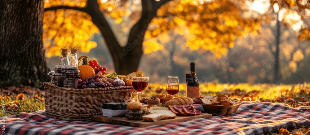 A picnic basket with food and wine spread out on a checkered blanket under a tree with fall foliage. A picnic basket with food and wine spread out on a checkered blanket under a tree with fall foliage.