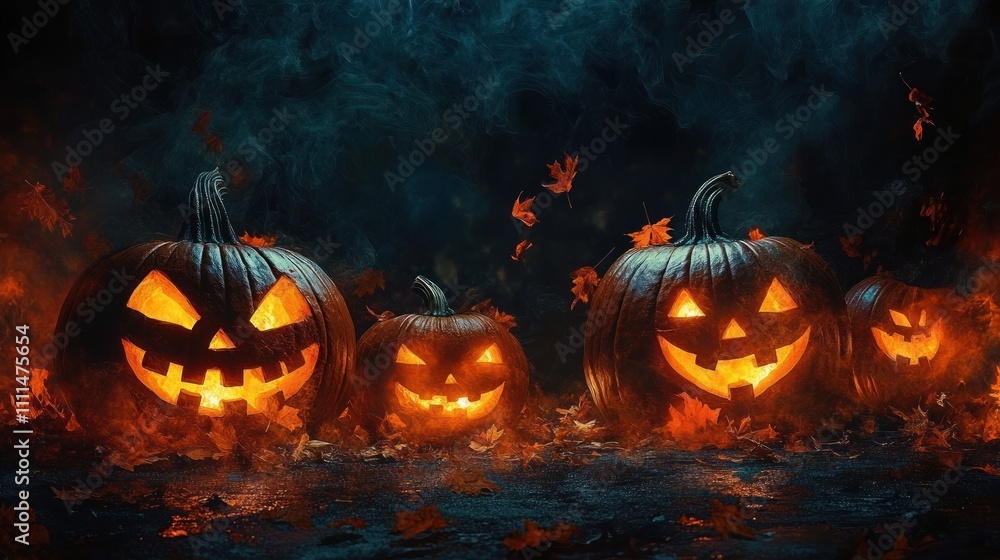 Naklejka premium Spooky Halloween Scene with Glowing Jack O Lanterns and Autumn Leaves at Night