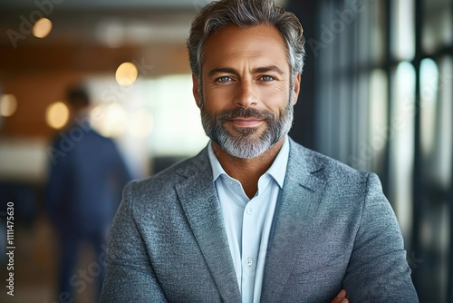 businessman office portrait mature middle-aged executive in grey suit confident smiling professional at work