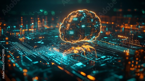 A digital AI brain hovering over a global map, vibrant interconnected circuits lighting up, bright data pulses traveling through the network, dark background with neon accents, photorealistic render, photo