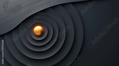 Concentric black circles surrounding a golden sphere create an abstract background, symbolizing focus, energy, or a central point