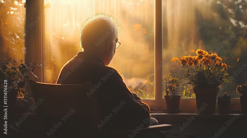 Elderly Man in Prayer by Sunlit Window in Warm Morning Light Elderly Man in Prayer by Sunlit Window in Warm Morning Light