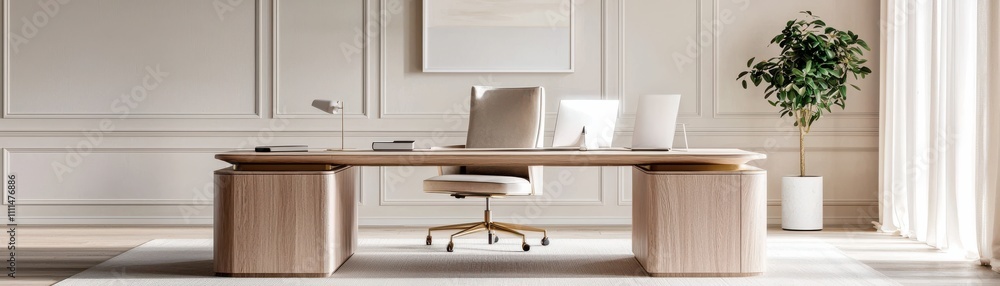 A stylish, modern office space featuring a wooden desk, ergonomic chair, and a potted plant, creating a serene and professional ambiance. A stylish, modern office space featuring a wooden desk, ergonomic chair, and a potted plant, creating a serene and professional ambiance.