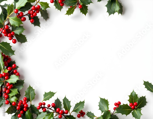 Elegant Christmas Holly Berry Frame Border on White Background for Festive Holiday Design