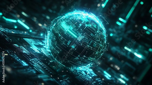A digital globe wrapped in a complex grid of interconnected glowing lines, vibrant neon blue and green accents, dark space-themed background, photorealistic quality, cinematic lighting,
