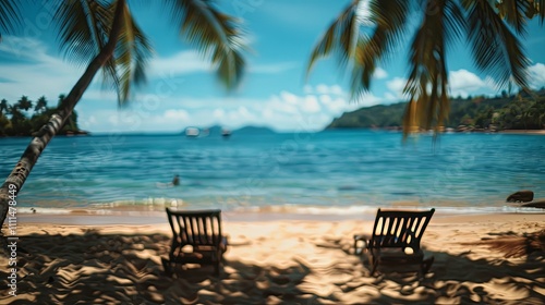 Tranquil Beach Scene  Two Empty Chairs Under Palm Trees