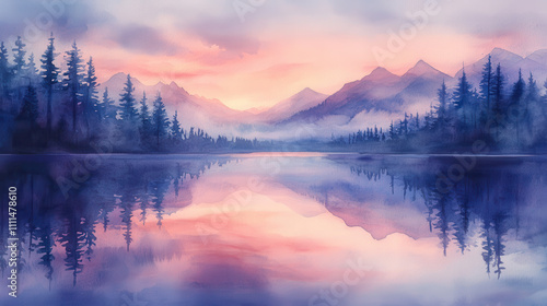 serene watercolor landscape depicting twilight over calm lake, reflecting mountains and trees