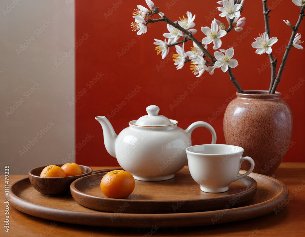 Fototapeta premium Lunar new year home decor with tea and flowers