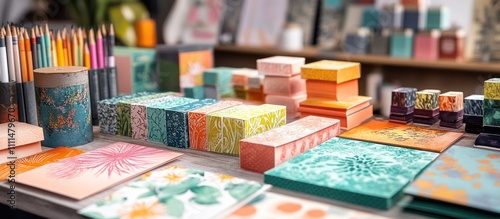 A table top filled with an array of colorful stationery products, including stacks of notebooks and a jar of colored pencils.