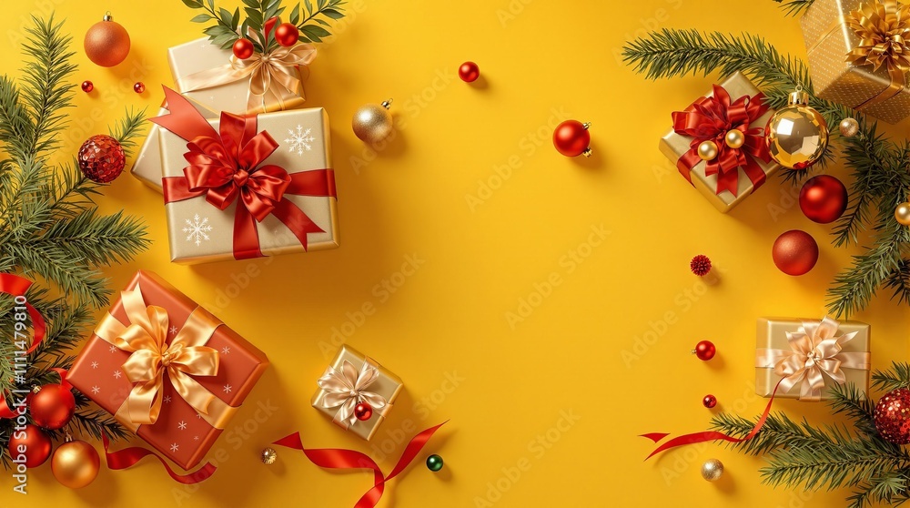 Festive christmas gift boxes with red bows on yellow background Festive christmas gift boxes with red bows on yellow background